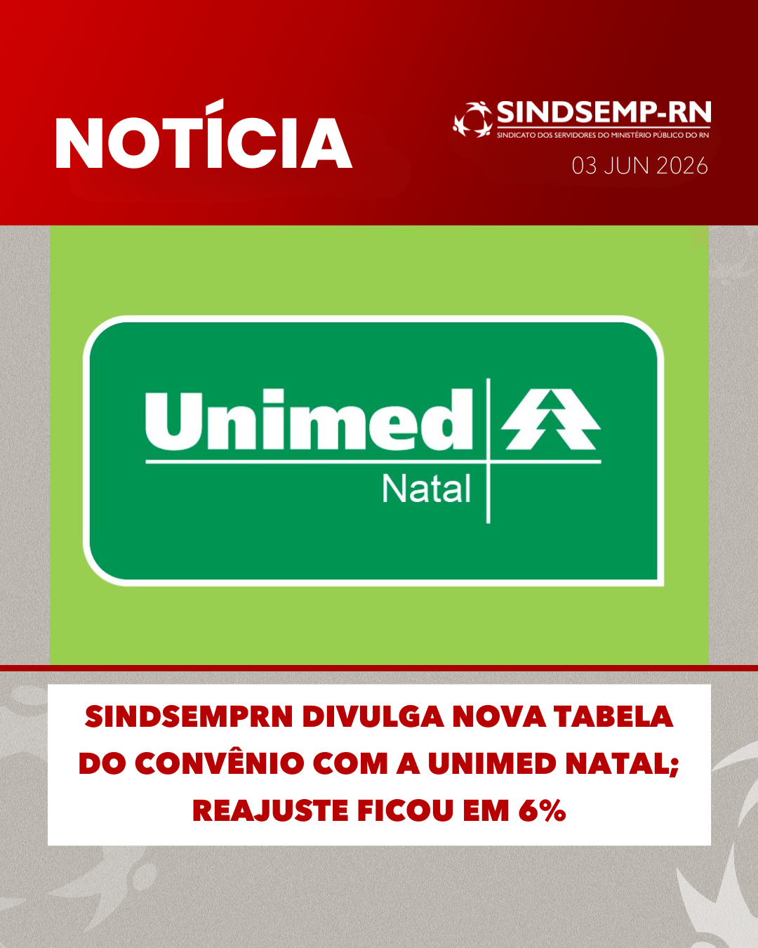 SindsempRN divulga nova tabela do convênio com a Unimed Natal; reajuste ficou em 6%